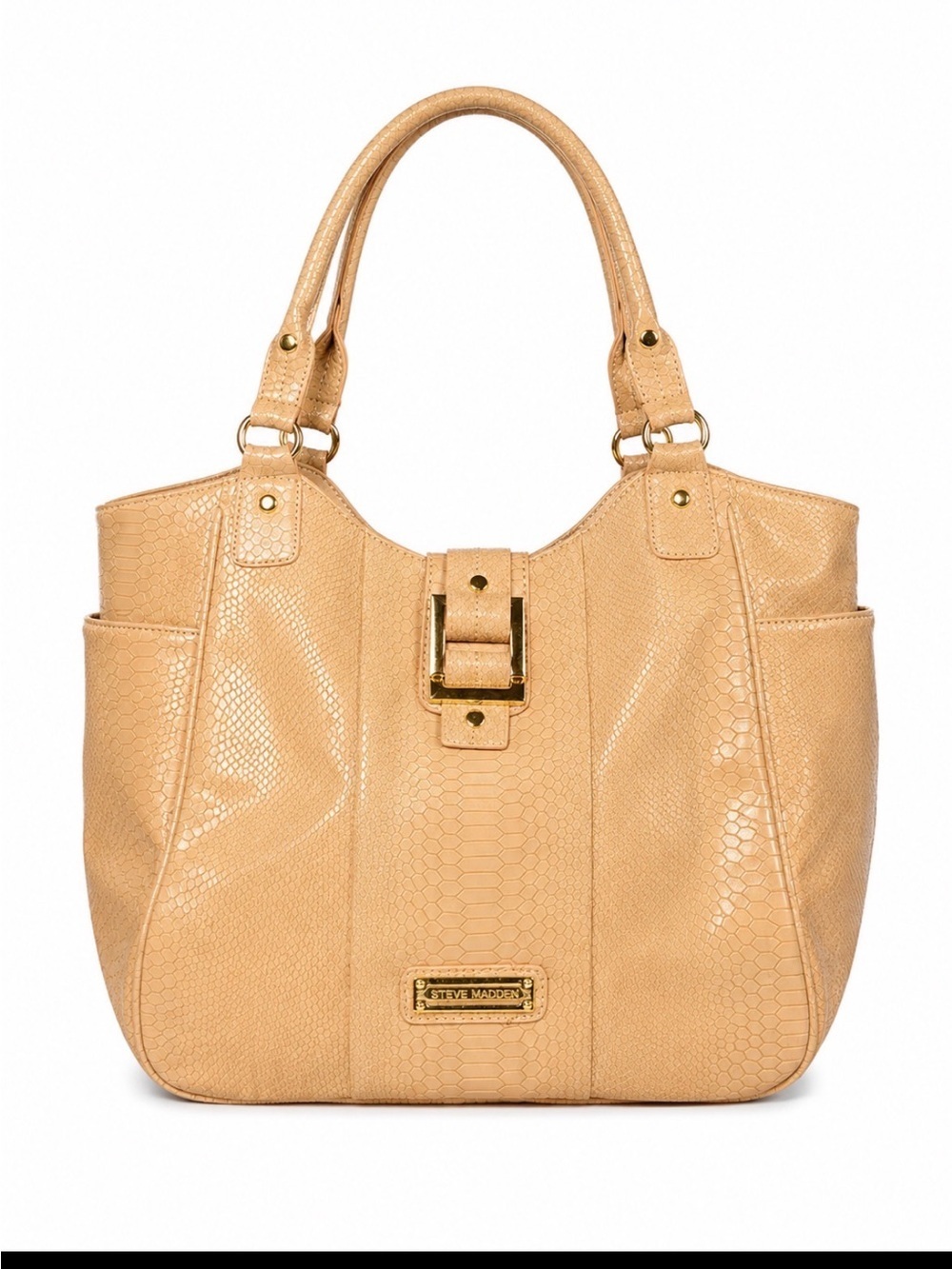 Marc Fisher Beige Textured Tote Bag Gold Accent CLEAN faux snakeskin leather